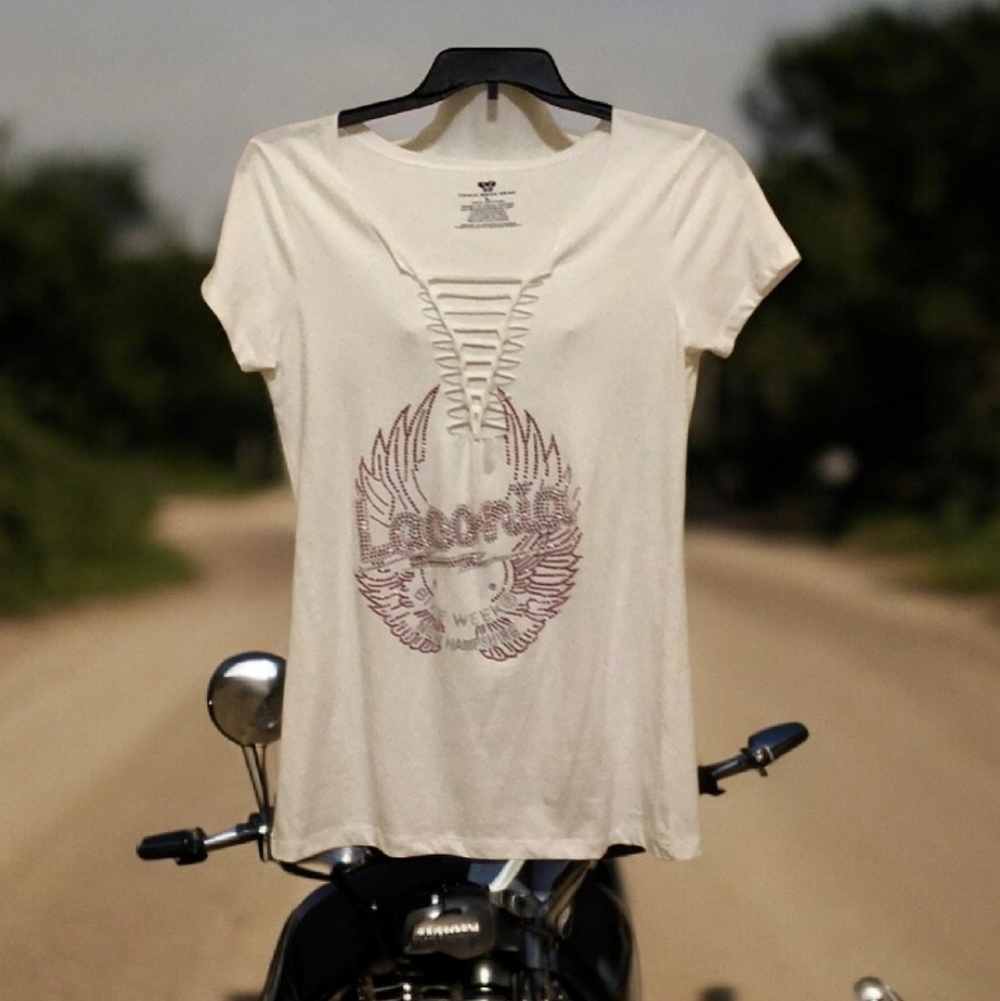 Vance biker wear T-shirt open front, pink and silver beads  Laconia on i…